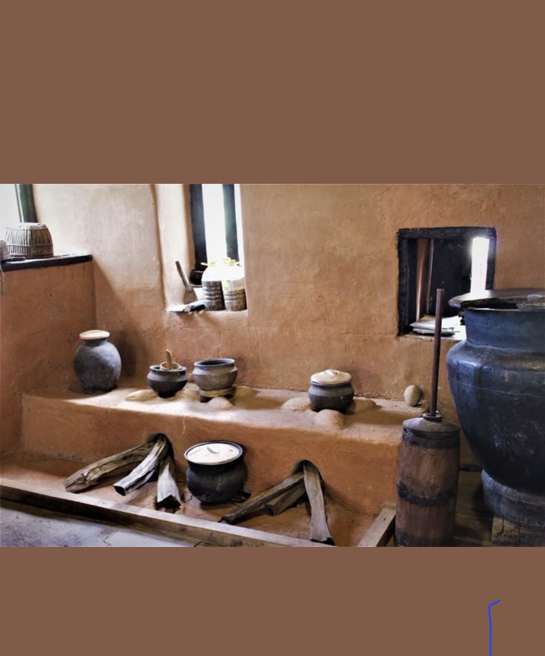 Rustic mud interior with clay pots and traditional cookware