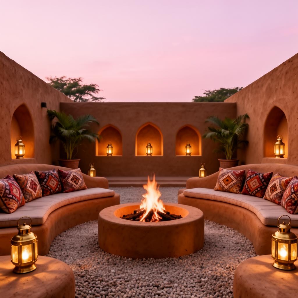 Luxury resort mud firepit lounge at dusk